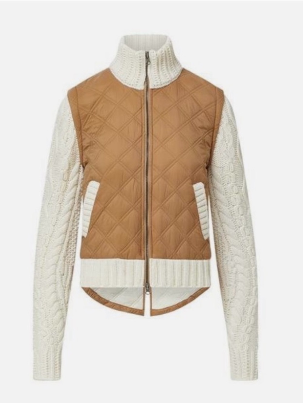 Veronica Beard Petra Tan Quilted Body with Cream Cable-Knit Sleeves Jacket